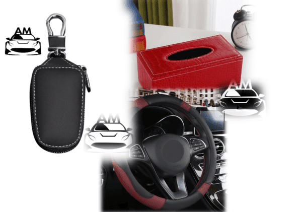 Stylish Sam's Style Kit - Elevate Your Car's Interior" image alt text could be: "A car interior with the Stylish Sam's Style Kit accessories, including a car key case cover, leather tissue holder, and premium steering wheel cover.